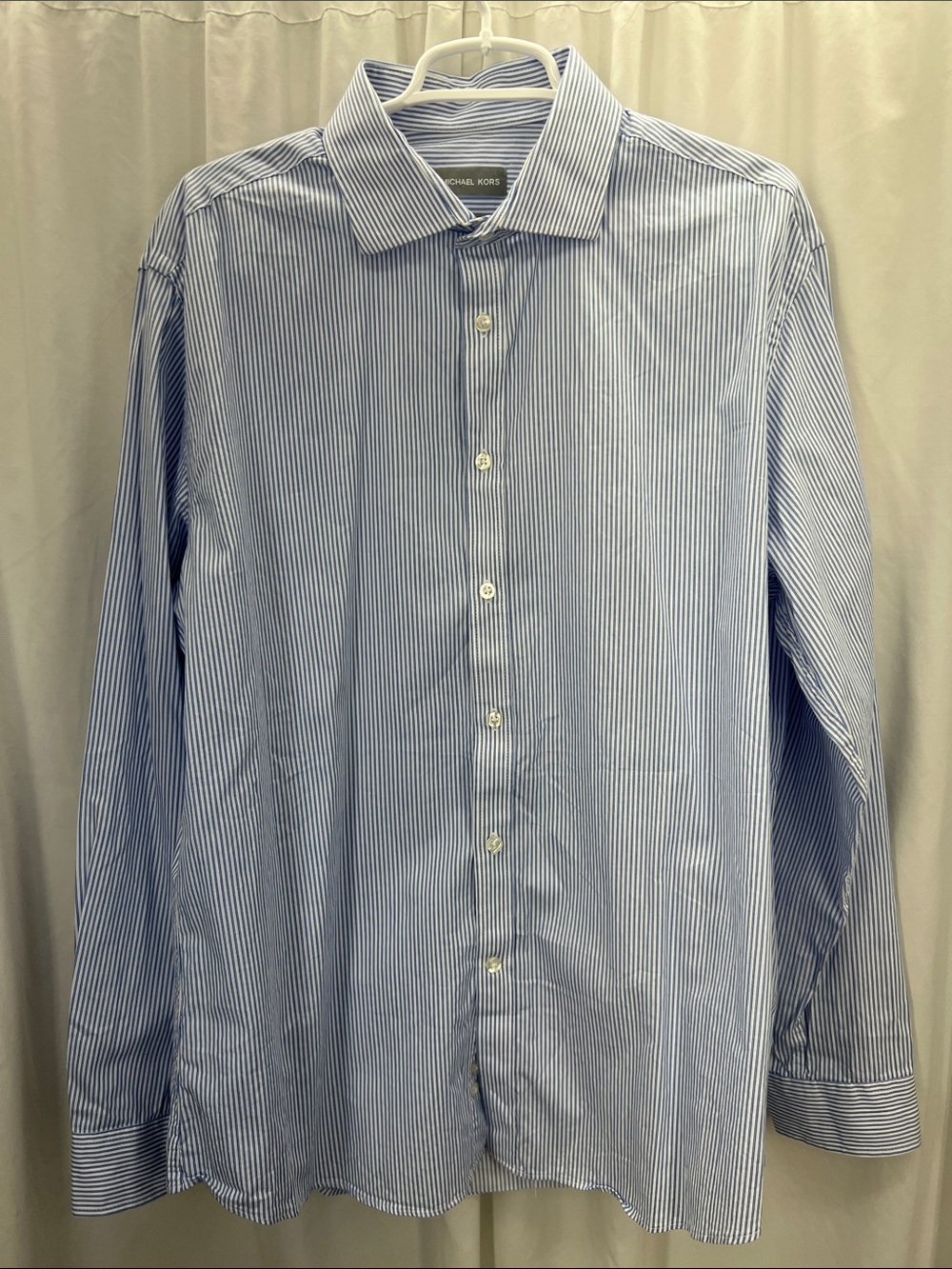 Michael Kors Men’s Blue White Pinstripe Button Up Long Sleeve Shirt XL Slim Fit - Picture 1 of 6